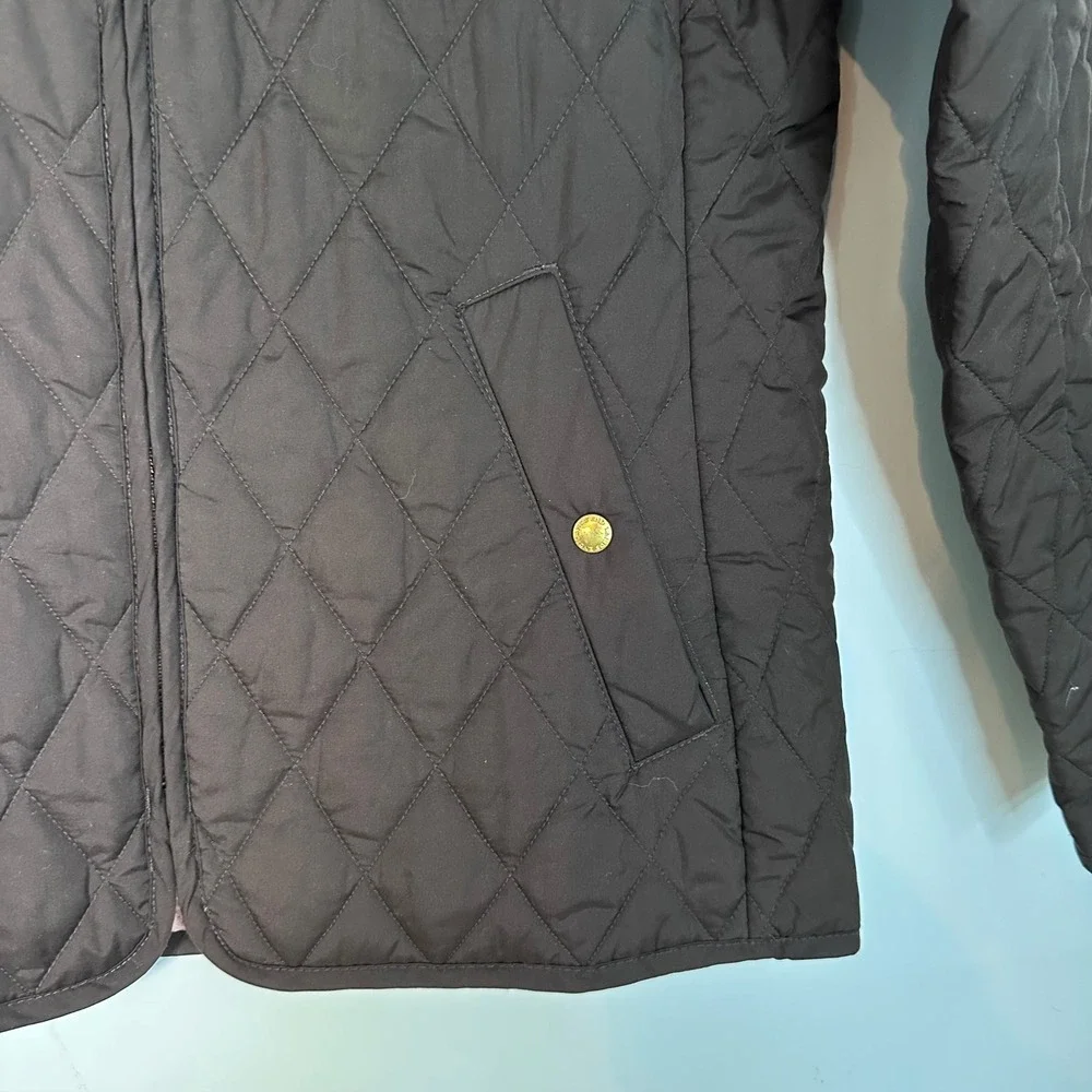 Lands End Black Quilted Barn Jacket Gold Hardware Pink Lining Women's Size Small